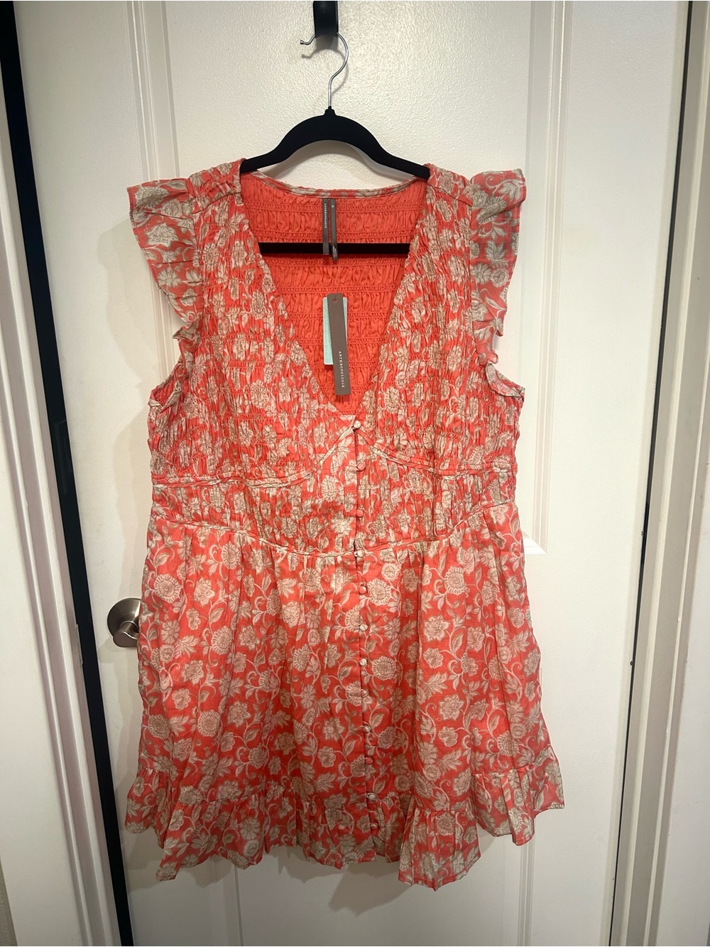 Anthropologie Coral and White Floral Smocked Ruffle Dress